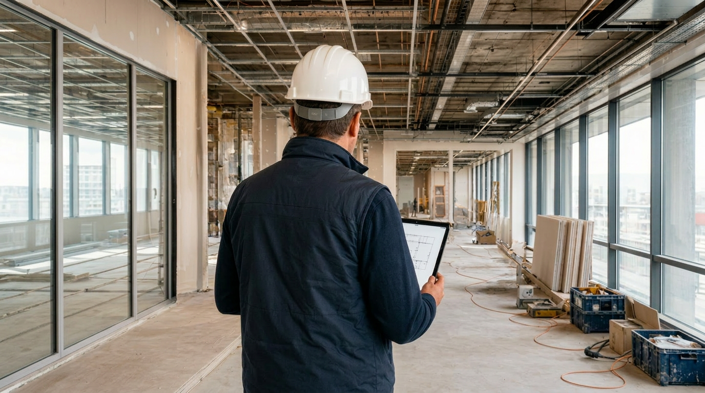 Conduite de chantier TCE — ADM Construction Conducteur de travaux ADM Construction sur chantier TCE avec plans techniques